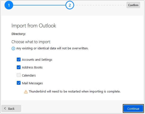 choose data to import then continue