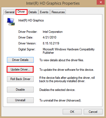select the Driver tab then click on Update Driver