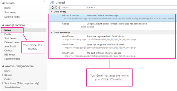 Gmail messages are now stored in Office 365