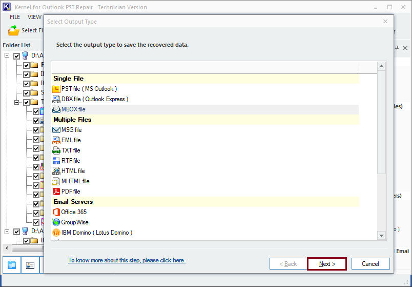 Select MBOX as output type