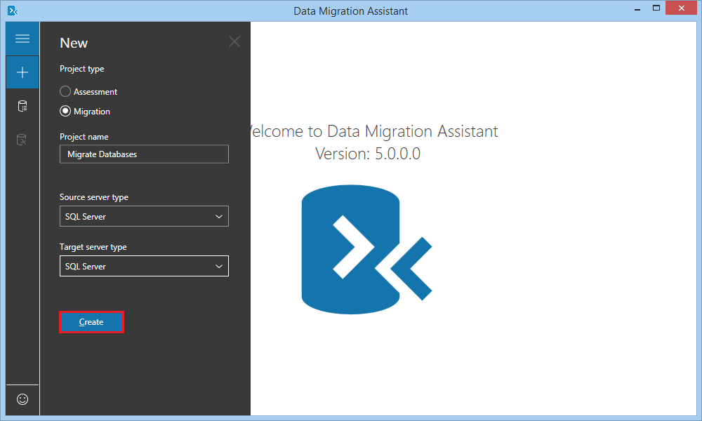 Select SQL server as a server as a source and target server type