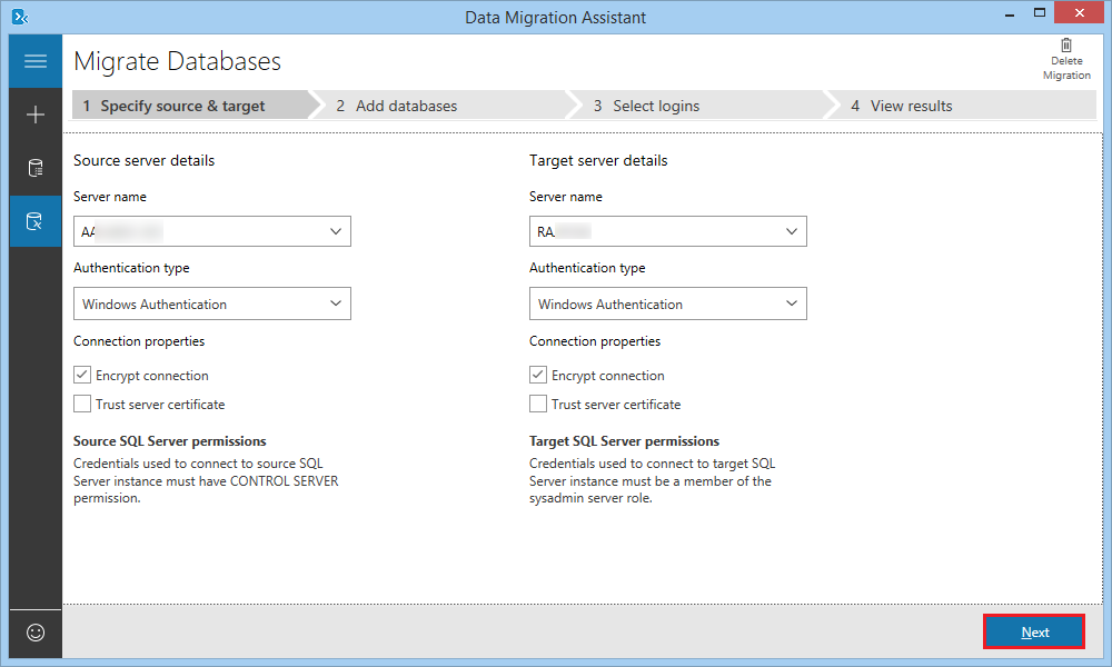 Input the name of both source and destination SQL servers