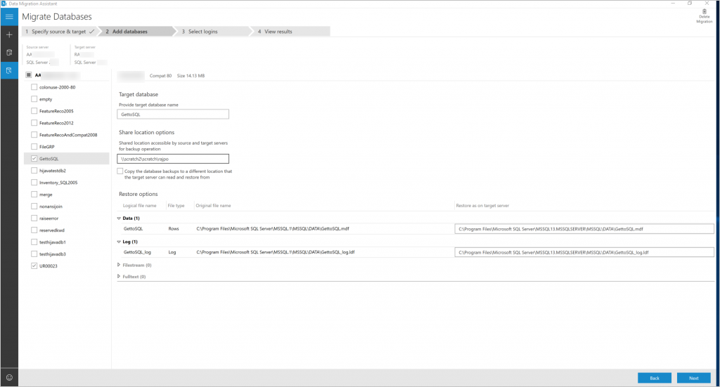 Provide the location for the data and transaction log files