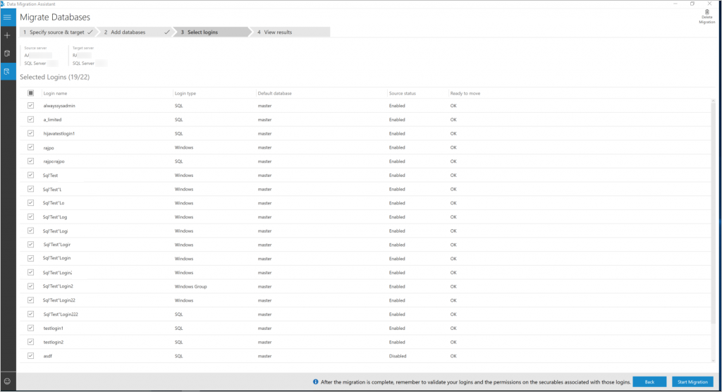 Select the login details for migration