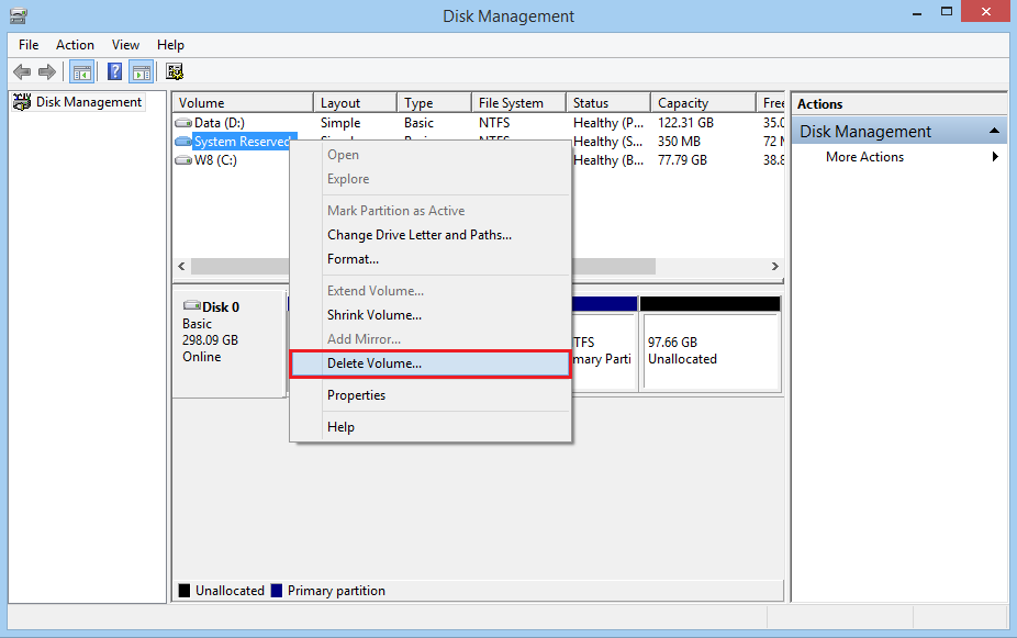 right-click and then click Delete Volume option