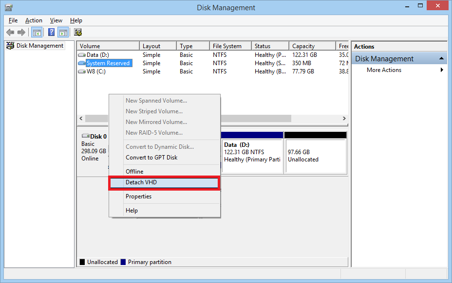  Right-click the VHD disk icon and select Detach VHD option to detach the VHD file