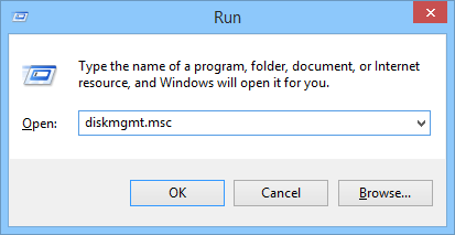 Run box (Windows + R) to open the Computer Management page by typing diskmgmt.msc and clicking OK