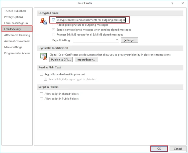 enabling encryption in outlook