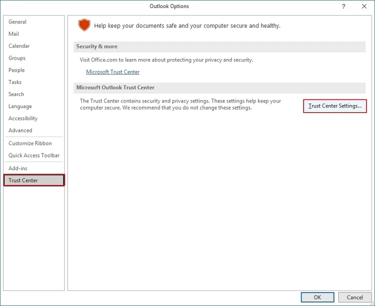 click trust center settings