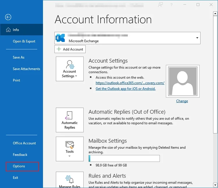 open outlook and go to file
