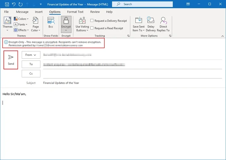 send button to send the encrypted email message