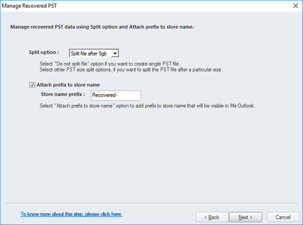 Select split option to manage large PST file