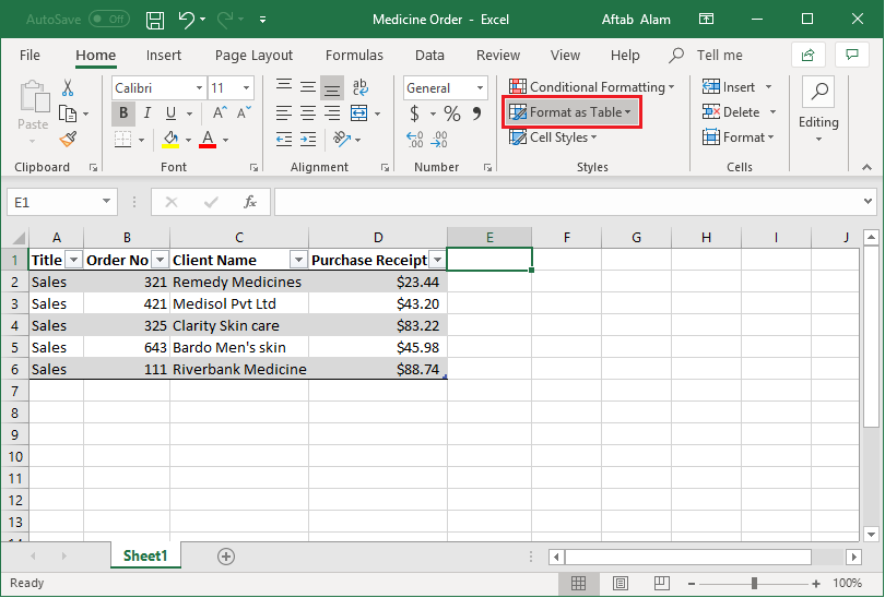Open the MS Excel sheet