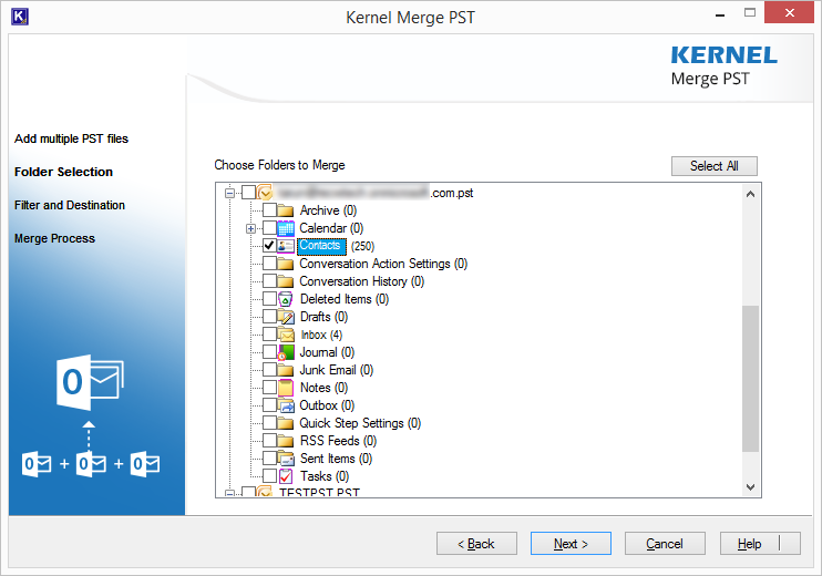 select folder to merge PST file