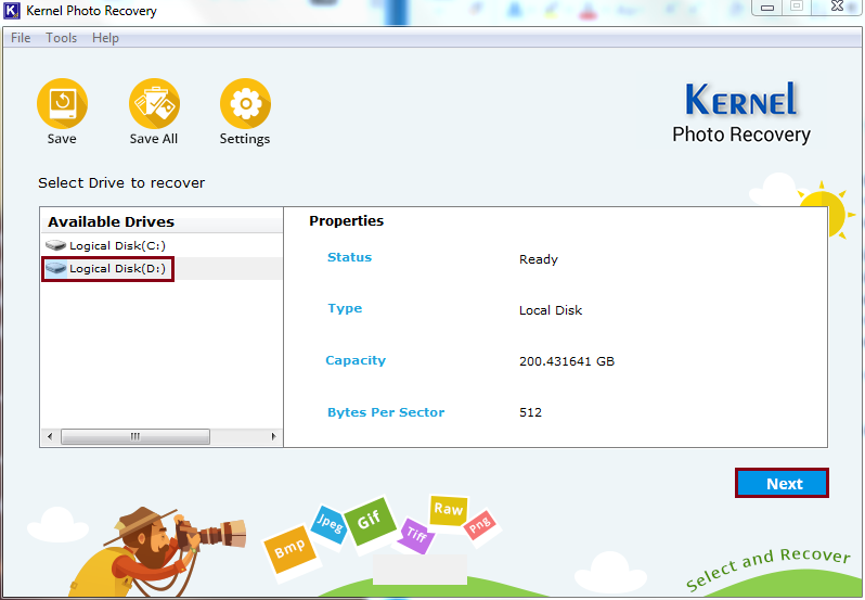 Specify the drive and click the Next button