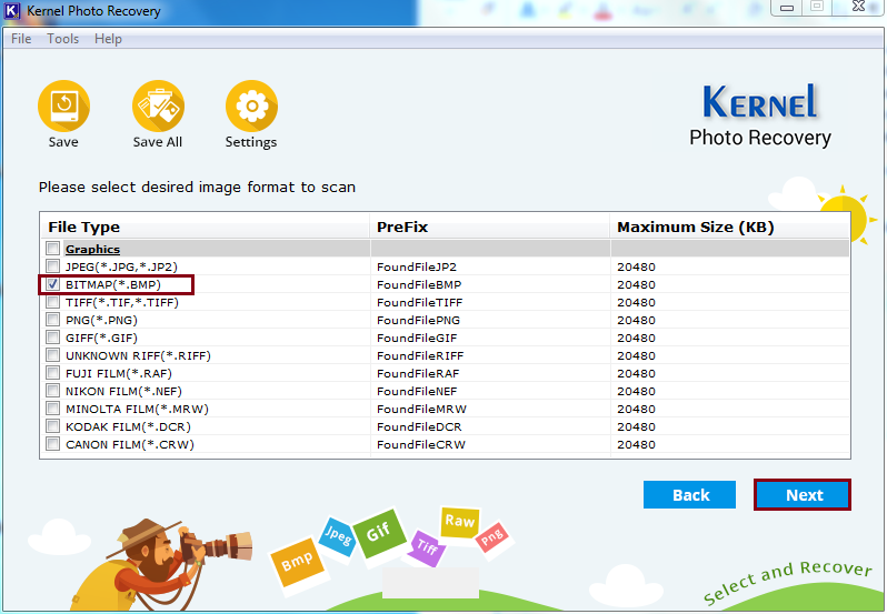 Select file formats to recover image