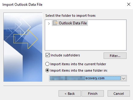 Select your pst file folder and click finish