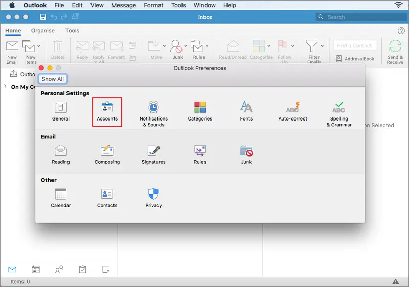 Select accounts under personal settings