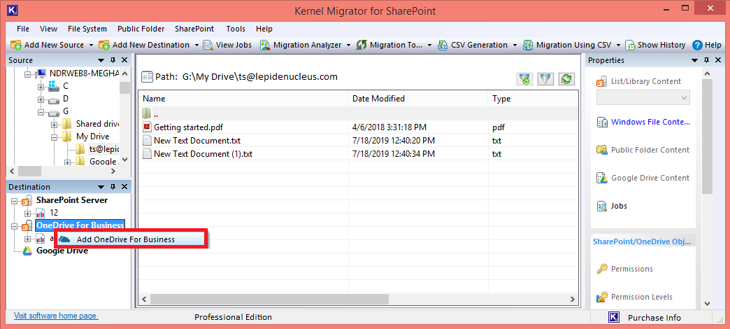 add the OneDrive for Business as the destination