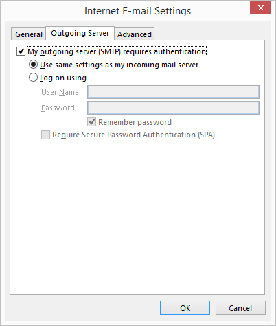 Select My outgoing server (SMTP) requires authentication