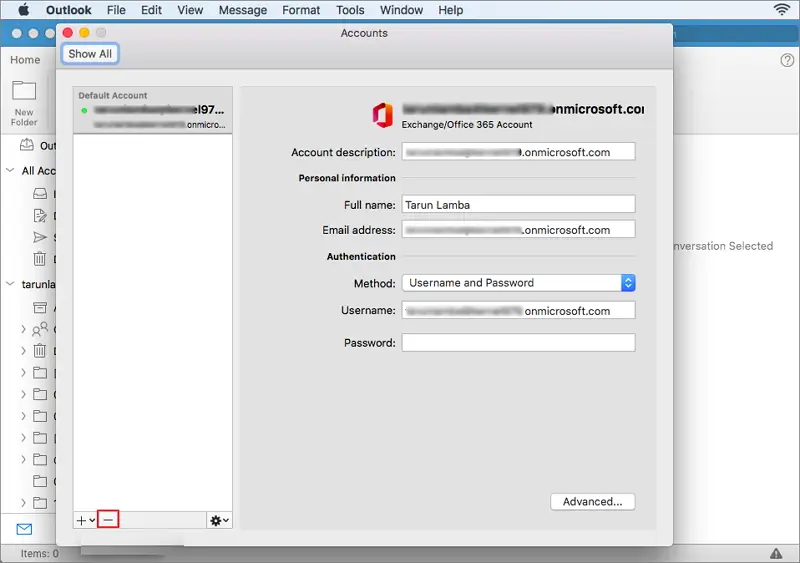 Select exchange account and click minus button to remove