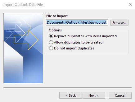 Specify pst file location and click next