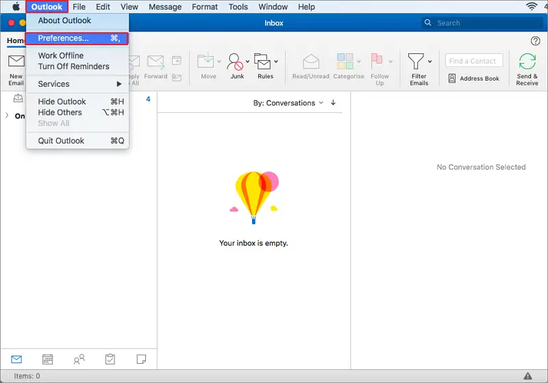 Click on Outlook then on preferences