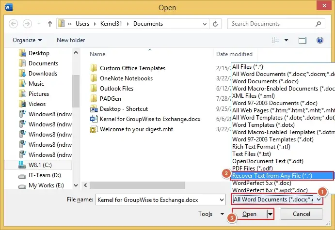 select the Recover Text from Any File option and open it