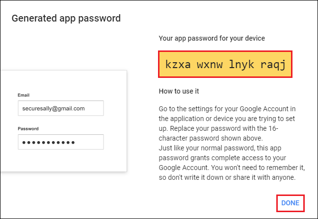 Generated app password displayed