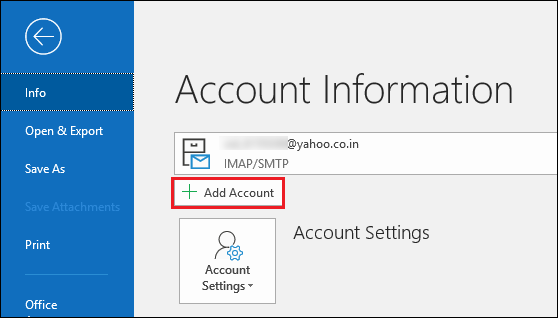 Click on add account in Outlook