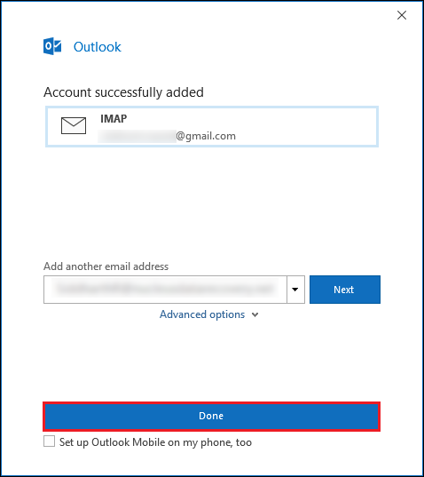 Gmail account added in Outlook