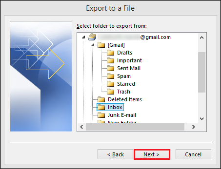 Select folder containing emails to export to CSV formate