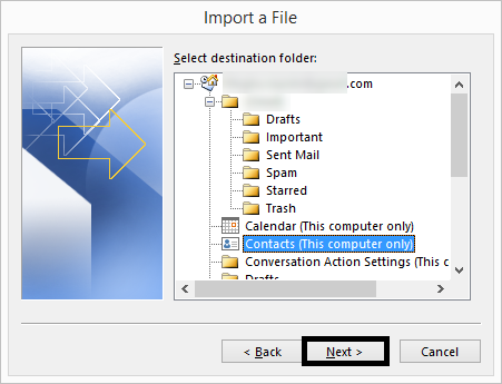 In destination folder choose contacts