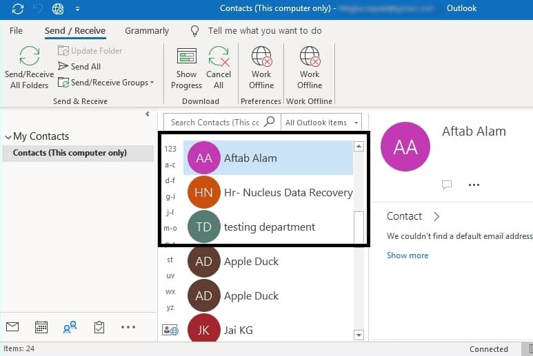 view the exported contacts in the Outlook Contacts folder