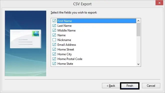 Select types of contact and click finish