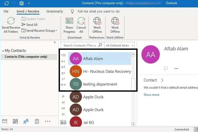 View your contacts in outlook contacts folder