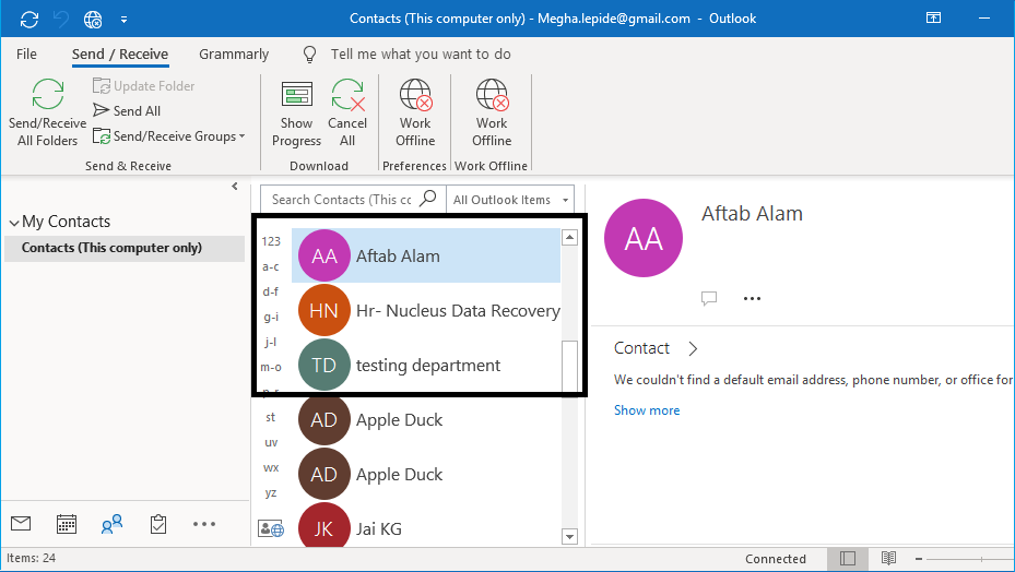 View the exported contacts