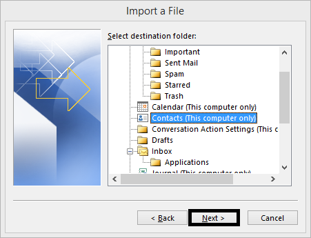 vyberte kontakty ze složek poštovní schránky aplikace Outlook