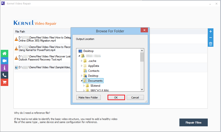 Provide a destination path to save the repaired files