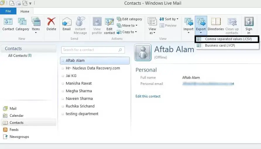 Start WLM and select contacts then click .CSV