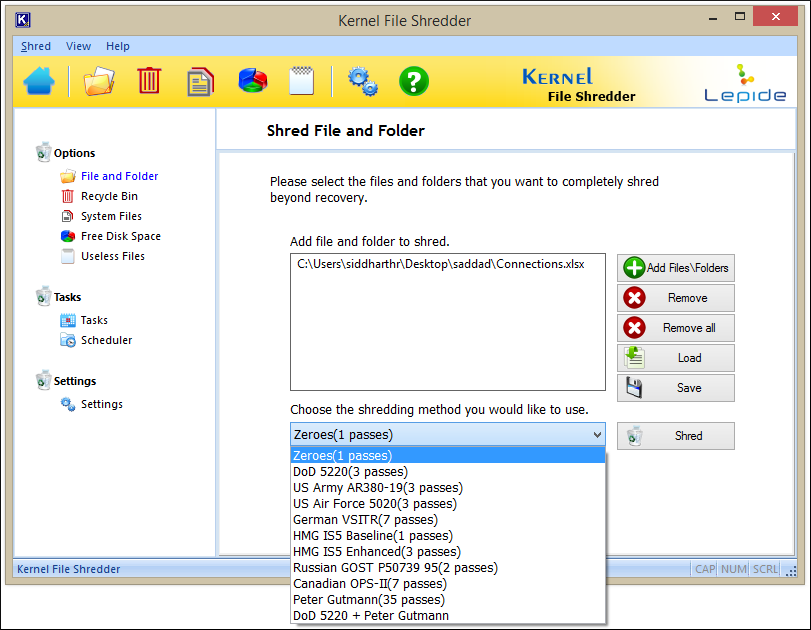 tab to add files and folders to shred