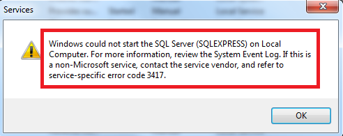 SQL Server Error with code number 3417