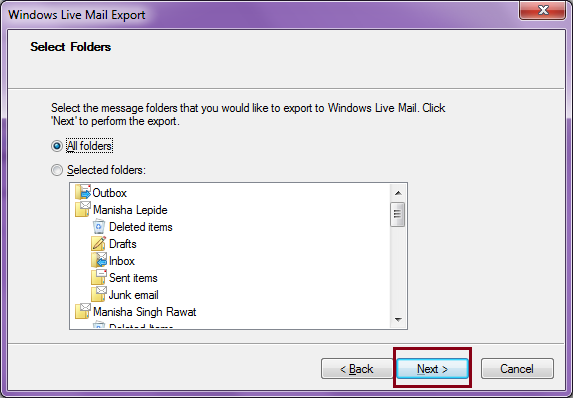Select the required folder to update or select All folders