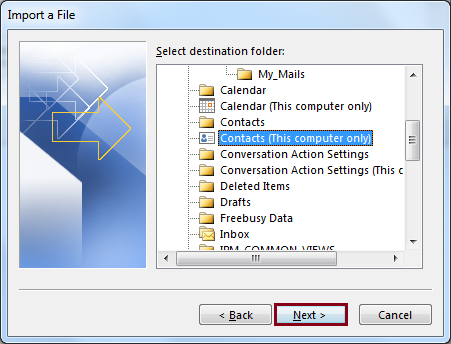 Select the destination folder