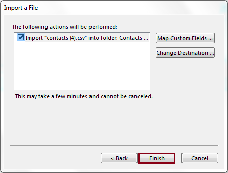Click on the Finish button to execute the import process