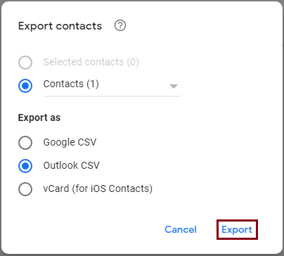 Select Outlook CSV under export as an option