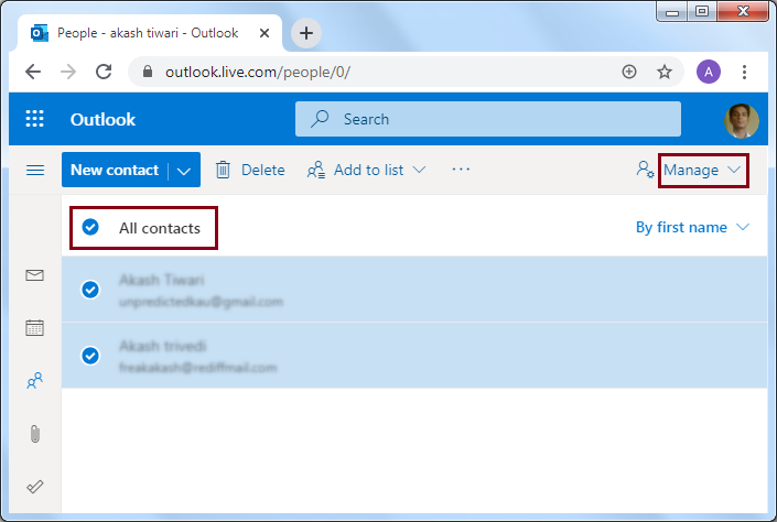 Select the required contacts you want to export