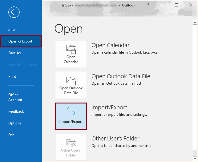 Launch MS Outlook and click Import/Export