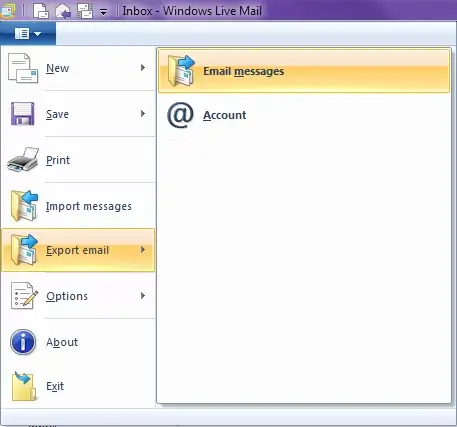 Click on windows live mail icon and then click on export mail and then email messages