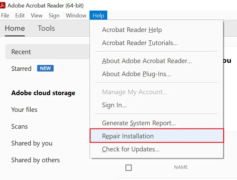 choose Repair Installation in the adobe application